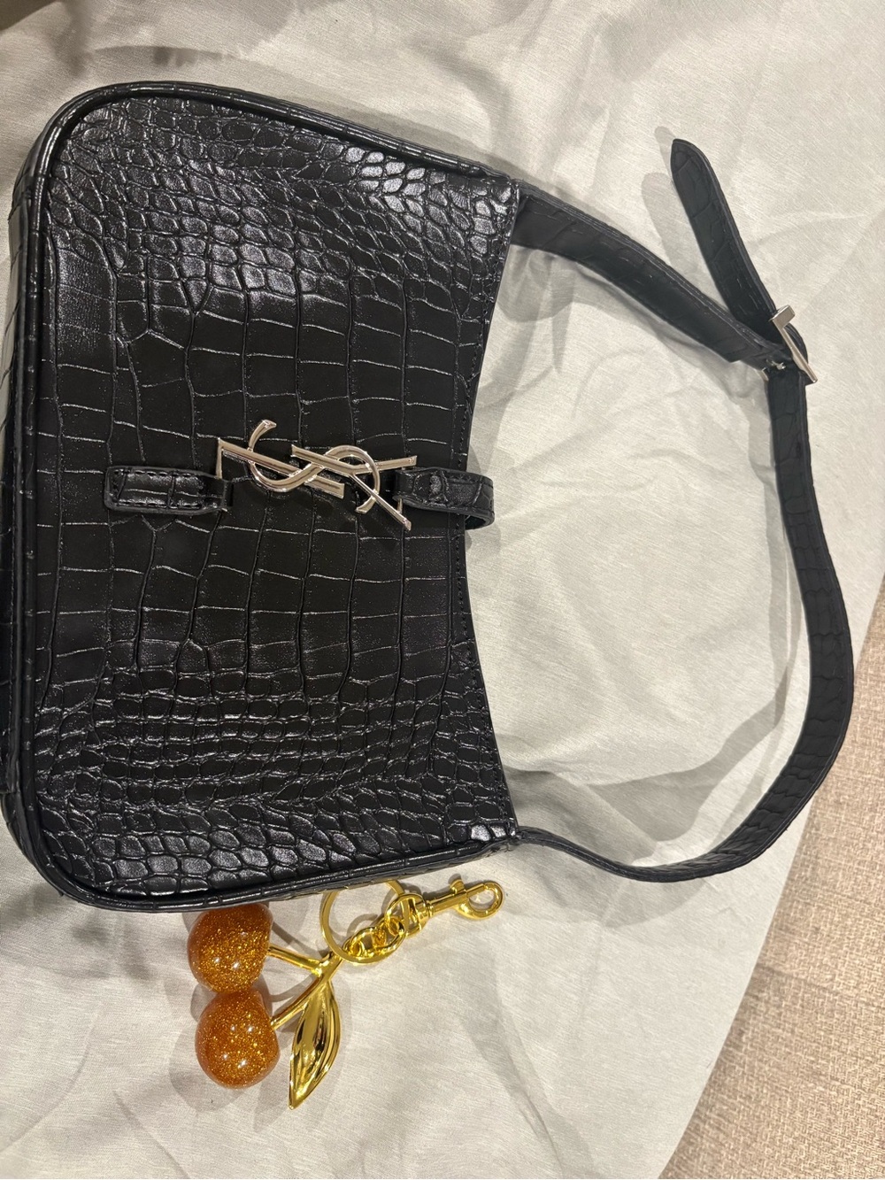 Croc-Embossed  style Black Shoulder Bag